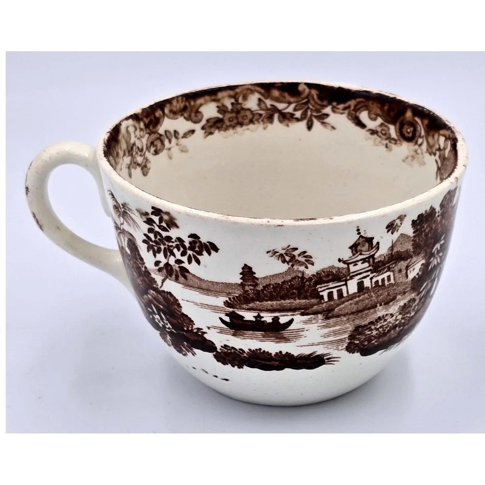 Antique Brown Transferware Tea Cup Chinoiserie Pagoda Landscape Scene White